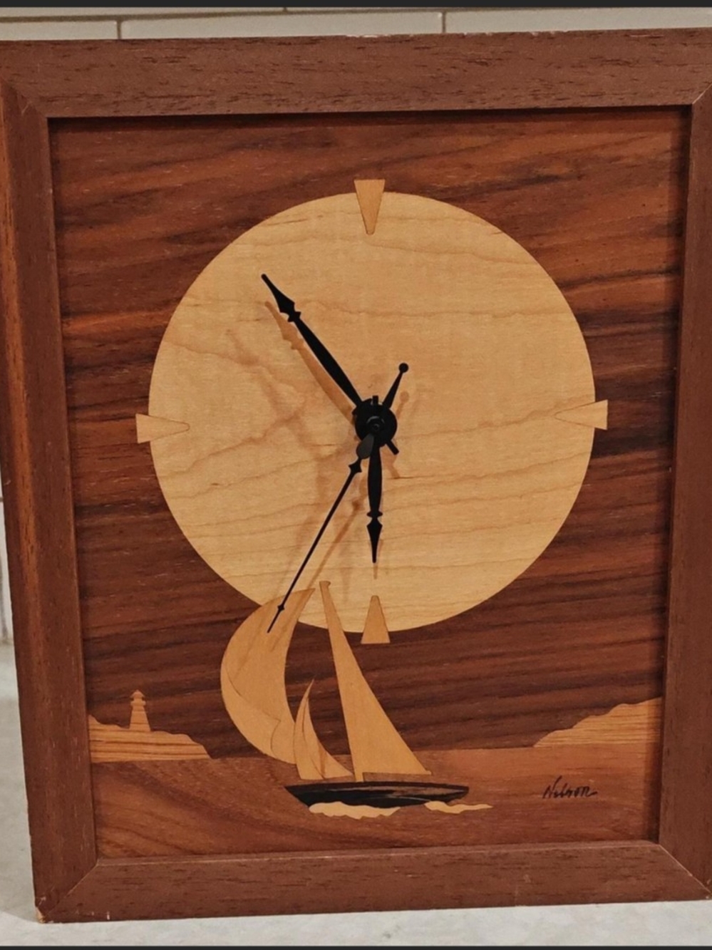 Nelson Hudson River Wood Marquetry Wall Clock Sailboat Wooden Inlay Signed Read